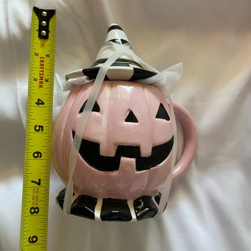 Rare Pink Jack O’ Lantern Pumpkin Coffee Mug Black White Check Witch Hat Lid 8